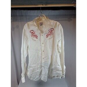 H Bar C Ranchwear Embordered Western Pearl Snap Shirt Cream Red Pima Cotton